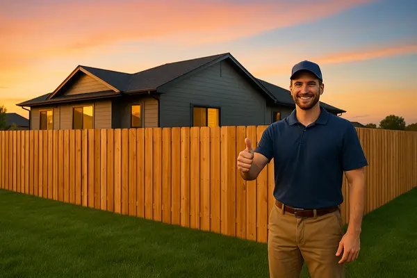 a fence contractor smiling at the camera with a brand new fenced installed in the background from Dallas Fence Company in Dallas, TX - aluminum fence contractors