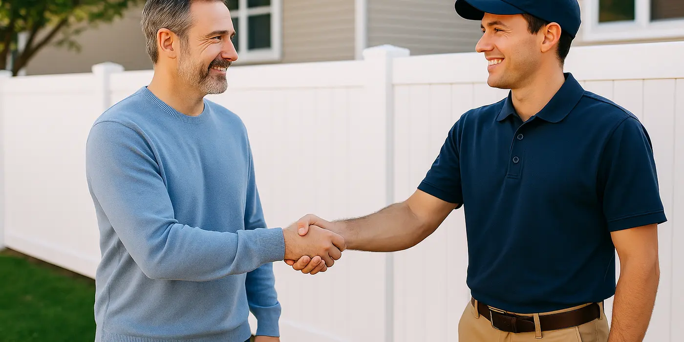 a fence contractor shaking hand with a happy customer from Dallas Fence Company in Dallas, TX - chain link fence installers a fence contractor shaking hand with a happy customer from Dallas Fence Company in Dallas, TX - chain link fence installers