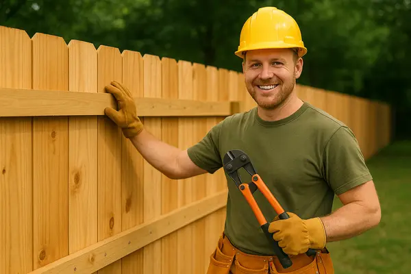 a fence contractor showing the new fence he installed from Dallas Fence Company in Dallas, TX - chain link fence installers a fence contractor showing the new fence he installed from Dallas Fence Company in Dallas, TX - chain link fence installers