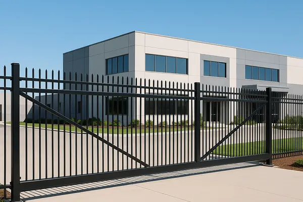 a commercial building with a metal fence around it from Dallas Fence Company in Dallas, TX - chain link fence installers a commercial building with a metal fence around it from Dallas Fence Company in Dallas, TX - chain link fence installers