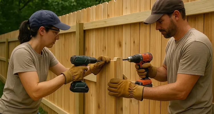 a female and male fence contractor installing a new wooden fence from Dallas Fence Company in Dallas, TX - commercial fencing company