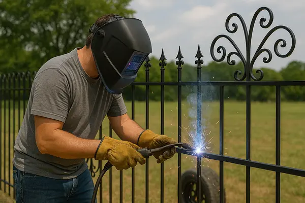 a male contractor welding a new metal fence from Dallas Fence Company in Dallas, TX - commercial fencing company