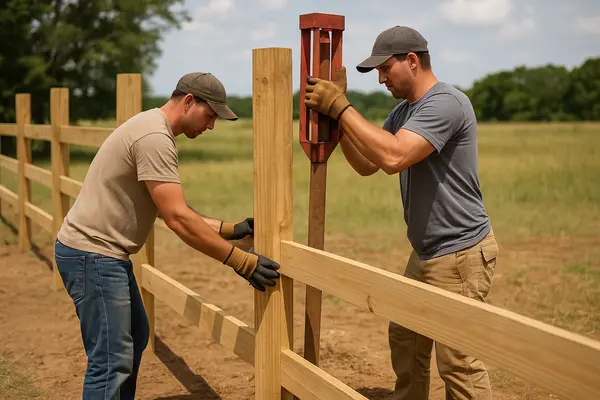 2 male contractors installing the posts for a new wooden fence from Dallas Fence Company in Dallas, TX - commercial fencing company
