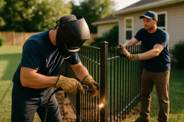 2 male fence contractors welding a new metal fence from Dallas Fence Company in Dallas, TX - Custom fence construction 2 male fence contractors welding a new metal fence from Dallas Fence Company in Dallas, TX - Custom fence construction