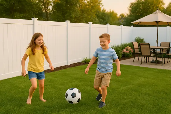 2 kids playing in the backyard with a fence in the background from Dallas Fence Company in Dallas, TX - Deer fencing & ranch rail installation 2 kids playing in the backyard with a fence in the background from Dallas Fence Company in Dallas, TX - Deer fencing & ranch rail installation