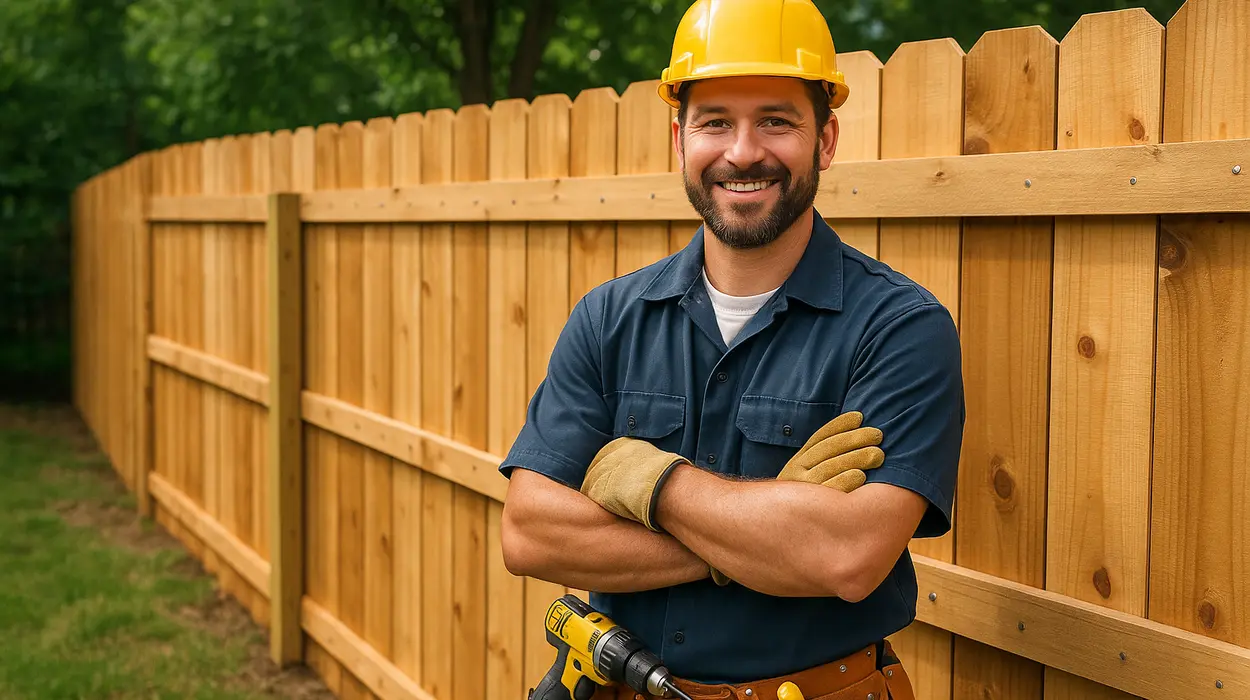 a fence contractor smiling at the camera with a new fence built behind him from Dallas Fence Company in Dallas, TX - fencing near me