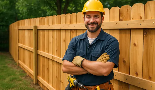 a fence contractor smiling at the camera with a new fence built behind him from Dallas Fence Company in Dallas, TX - fencing near me