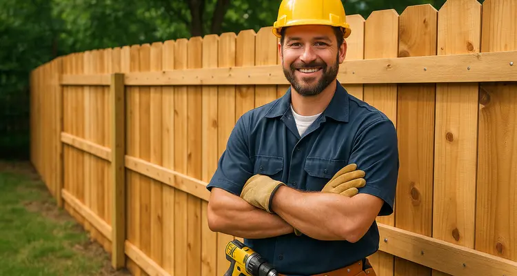 a fence contractor smiling at the camera with a new fence built behind him from Dallas Fence Company in Dallas, TX - fencing near me