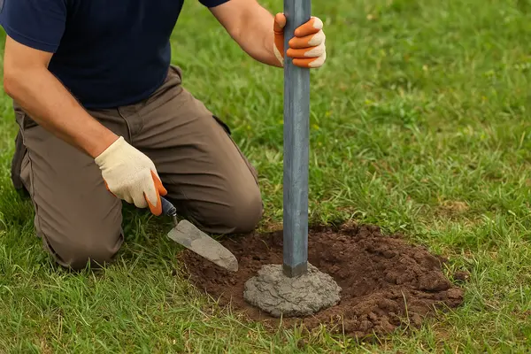 a contractor securing a metal post with cement from Dallas Fence Company in Fort Worth, TX - Fort Worth TX a contractor securing a metal post with cement from Dallas Fence Company in Fort Worth, TX - Fort Worth TX