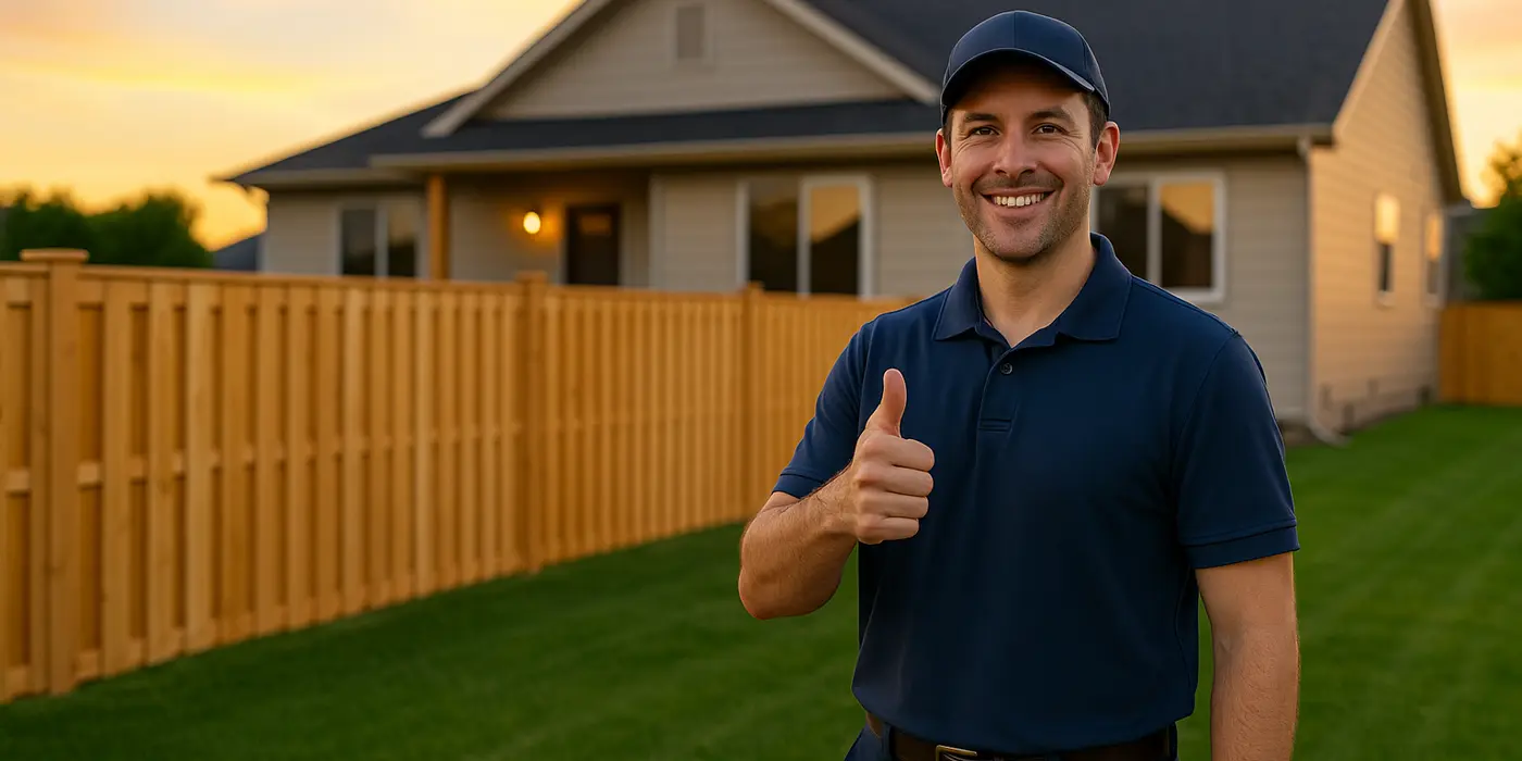 a male fence contractor giving a thumbs up to the camera with a wooden fence in the background from Dallas Fence Company in Dallas, TX - gate installation a male fence contractor giving a thumbs up to the camera with a wooden fence in the background from Dallas Fence Company in Dallas, TX - gate installation