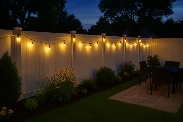 a beautiful white fence with backyard lights on connect them to it from Dallas Fence Company in Dallas, TX - gate installation a beautiful white fence with backyard lights on connect them to it from Dallas Fence Company in Dallas, TX - gate installation