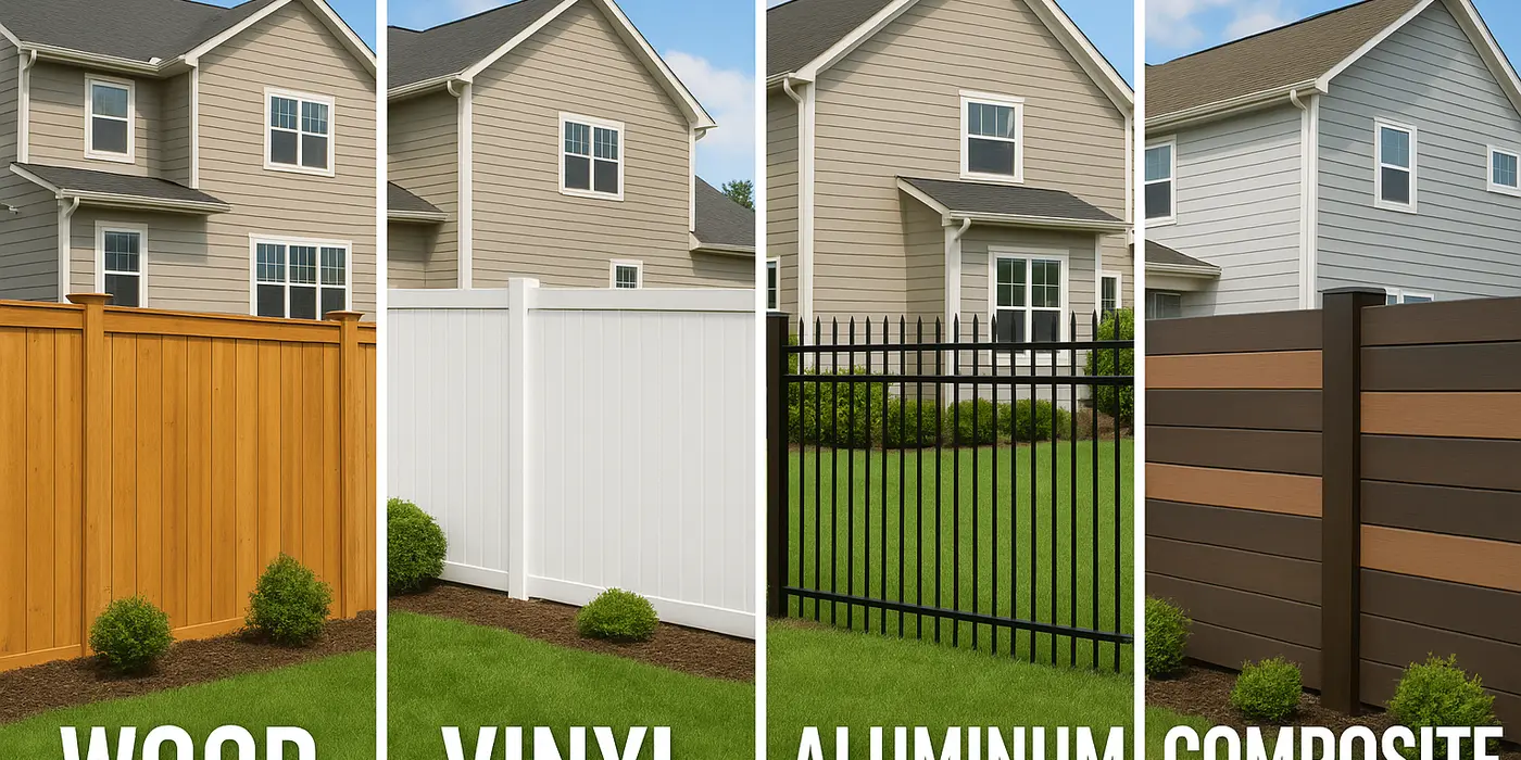 an image of 4 types of fence, wooding, vinyl, aluminum and composite from Dallas Fence Company in Dallas, TX - livestock fencing contractors an image of 4 types of fence, wooding, vinyl, aluminum and composite from Dallas Fence Company in Dallas, TX - livestock fencing contractors