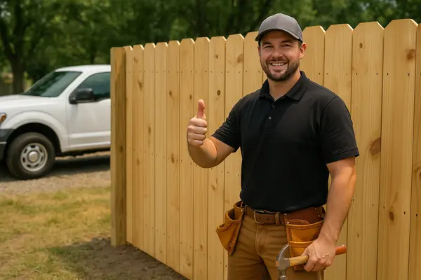 a fence contractor giving a thumbs up to the camera and a fence in the background from Dallas Fence Company in Dallas, TX - livestock fencing contractors a fence contractor giving a thumbs up to the camera and a fence in the background from Dallas Fence Company in Dallas, TX - livestock fencing contractors
