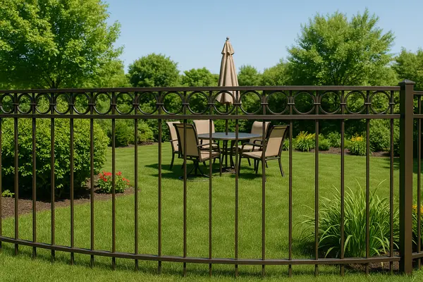 a beautiful backyard showing a metal fence from the outside view from Dallas Fence Company in Dallas, TX - pool fence installation