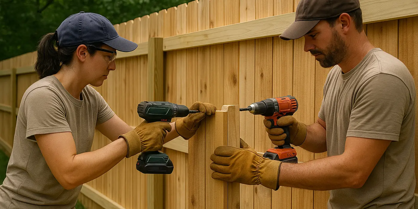 a female and male fence contractor installing a new wooden fence from Dallas Fence Company in Richardson, TX - Richardson TX a female and male fence contractor installing a new wooden fence from Dallas Fence Company in Richardson, TX - Richardson TX