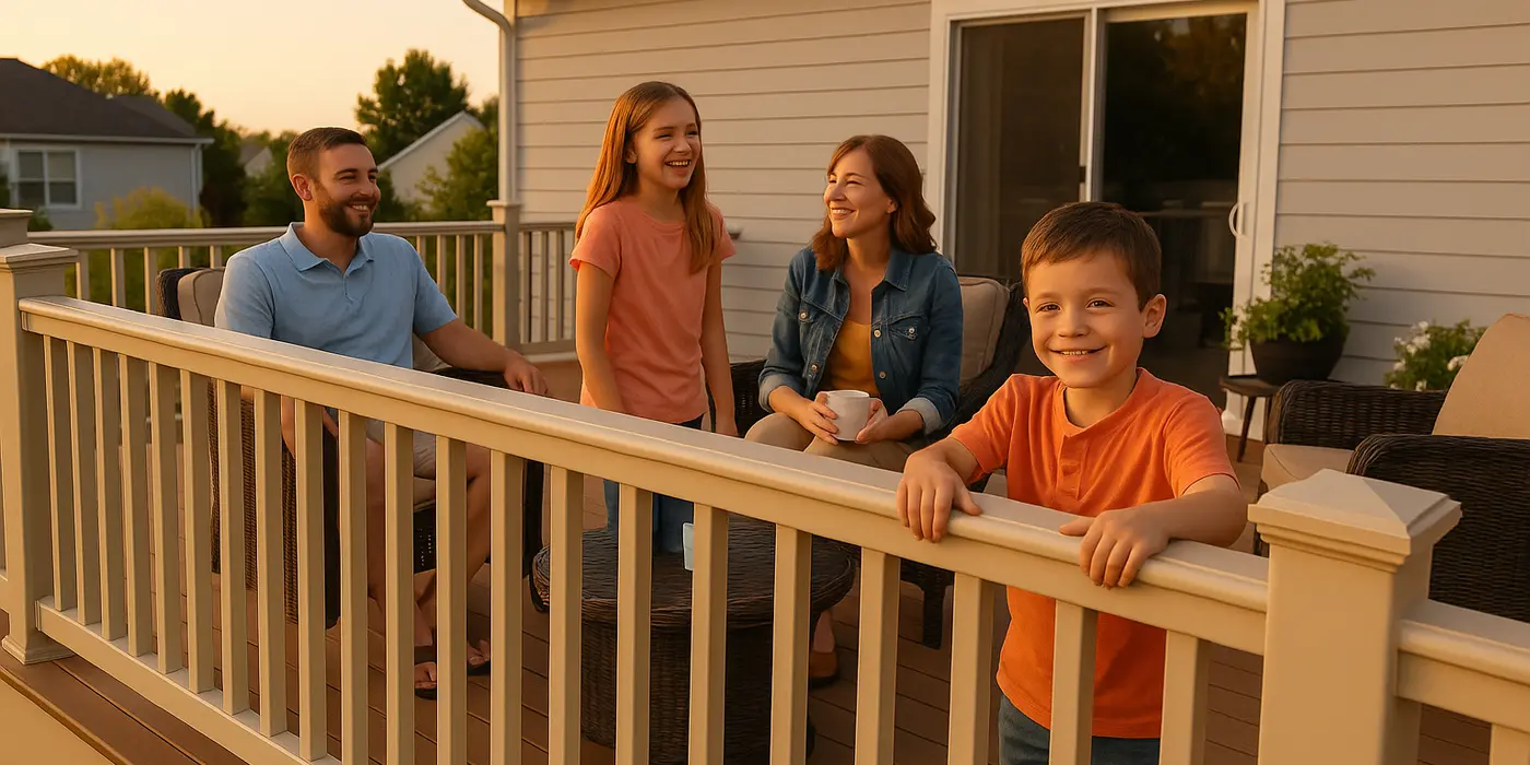 a happy family on a wooden deck with a fence from Dallas Fence Company in Dallas, TX - vinyl fence installation a happy family on a wooden deck with a fence from Dallas Fence Company in Dallas, TX - vinyl fence installation